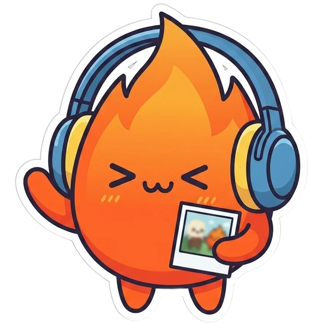 Chispa, the Forja mascot, wearing headphones and holding a photo